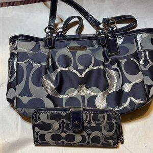Coach Black and Silver Tote and Wallet Set